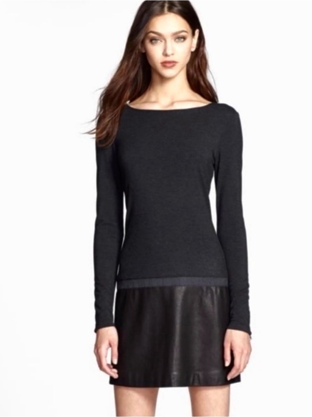 Theory Keiran Mixed Media Mini Dress Lambskin Leather Drop Waist Knit Black L
